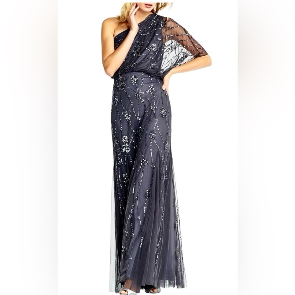 Adrianna Papell One Shoulder Beaded Dress Gray Size 12 Wedding Mother Of Bride